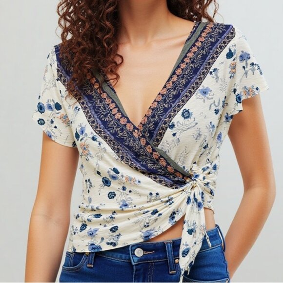 Lucky brand boho short sleeve tie waist wrap top - Picture 1 of 7